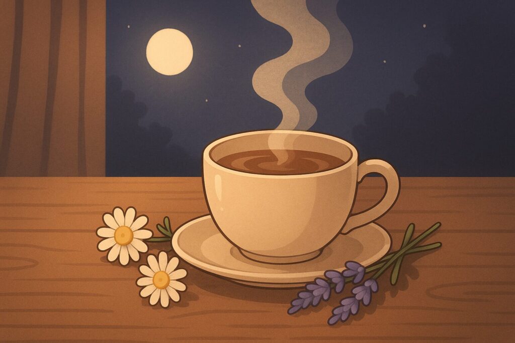 カモミールとラベンダーのハーブティーが湯気を立てているイラスト