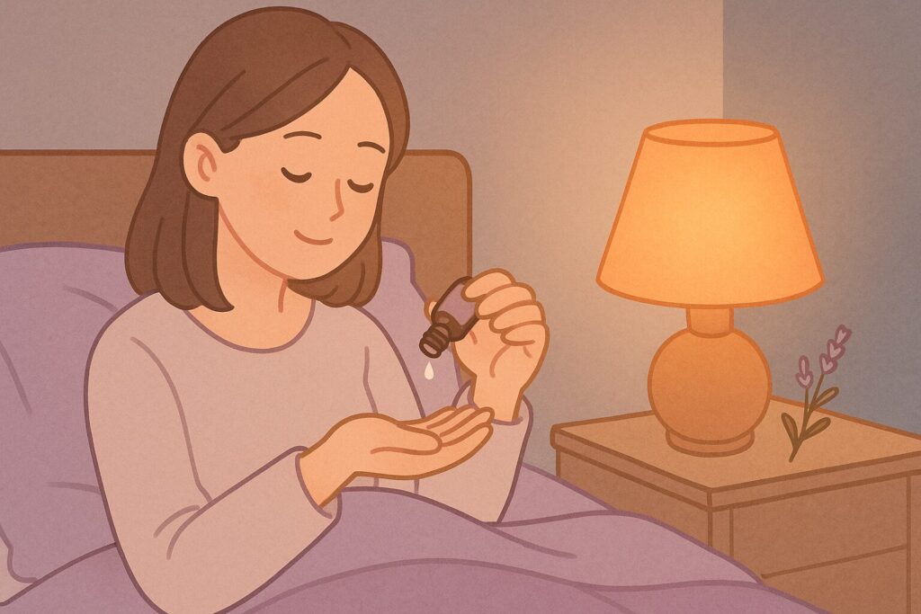 枕元にラベンダーの精油を一滴垂らしているイラスト
