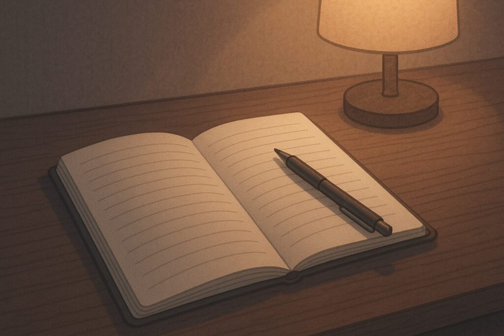 静かな机にノートを開きペンが置かれているイラスト