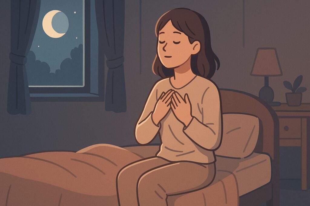 夜の静かな部屋で深呼吸をしている女性のイラスト