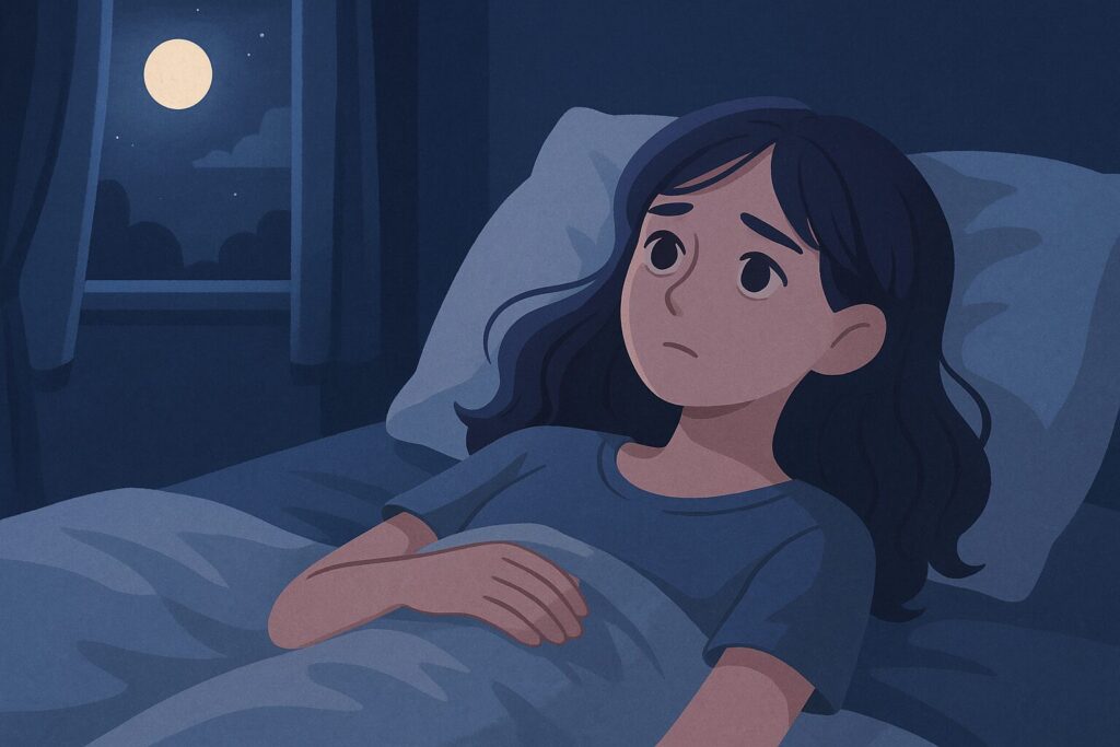 眠れない夜に、月明かりの中で目を開けている女性のイラスト