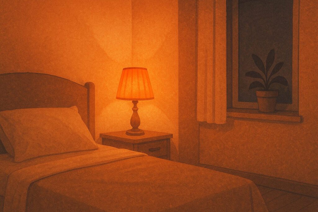 ベッドサイドランプがやわらかく灯る夜の寝室イラスト