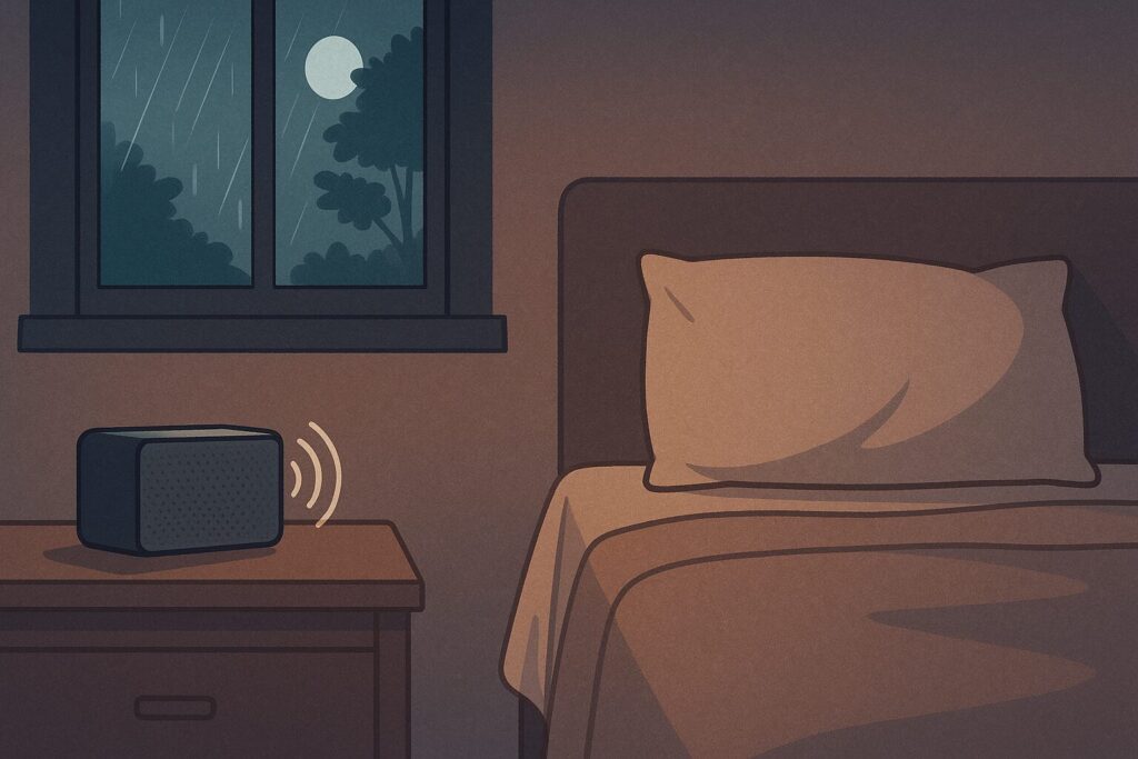 ベッドサイドで自然音を静かに流しているイラスト