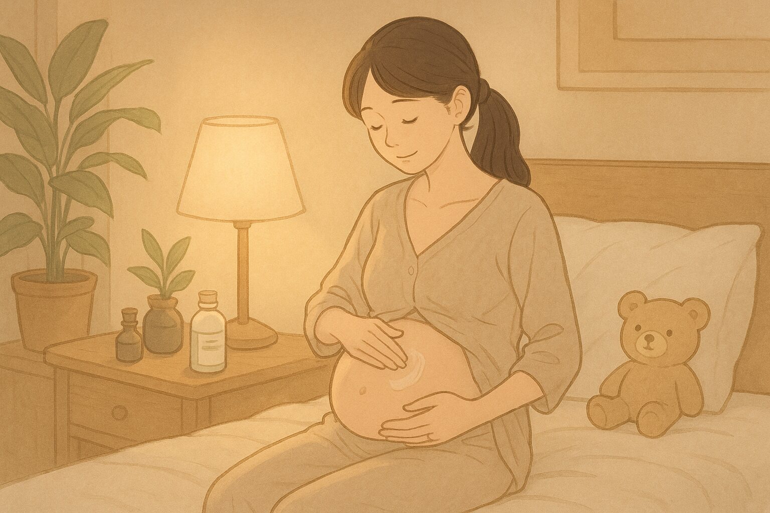妊娠中の女性が夜の寝室でお腹にクリームを塗っている様子