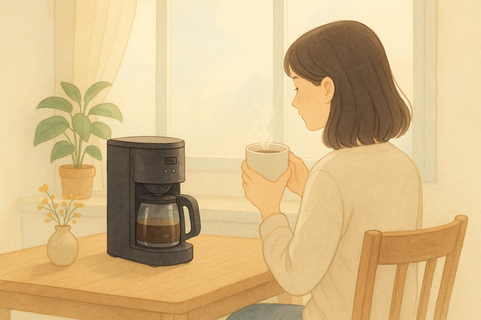 朝のキッチンでコーヒーを味わう女性と、黒の全自動コーヒーメーカーが置かれた整った暮らしの風景