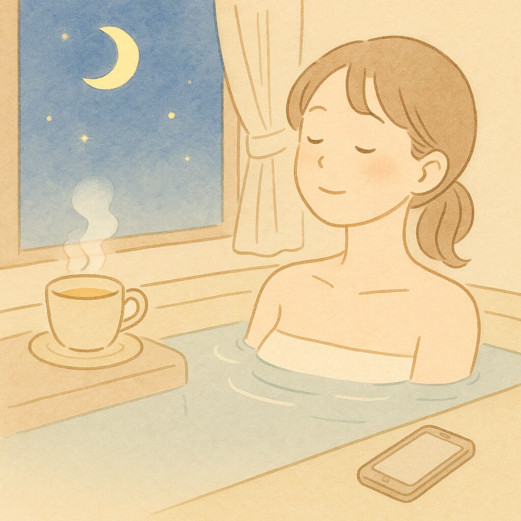 夏の夜に冷房冷えを整えるため、ぬるめのお風呂に浸かりハーブティーを飲んで快眠を目指す女性のやさしいイラスト