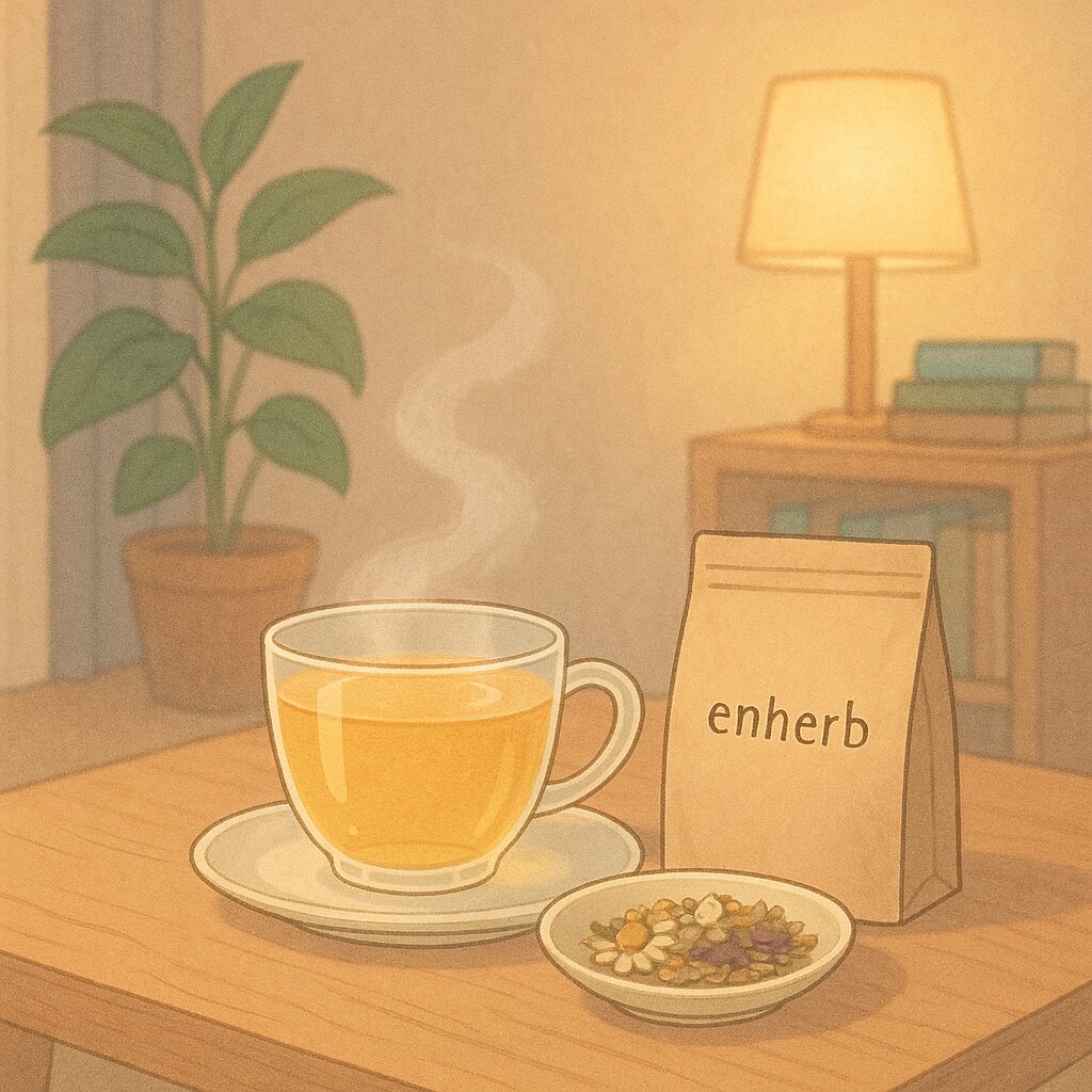 夜のやさしいリビングで湯気の立つハーブティーとenherbのパッケージ、ドライハーブが添えられたテーブル