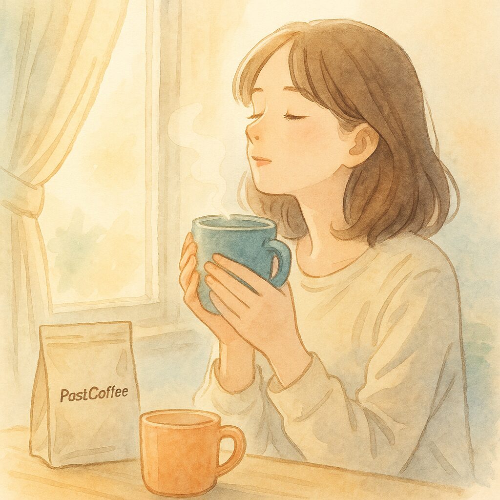 窓辺で温かいハーブティーを手に深呼吸する女性。朝の光の中で心と体をやさしく整える5分の朝活イメージ。