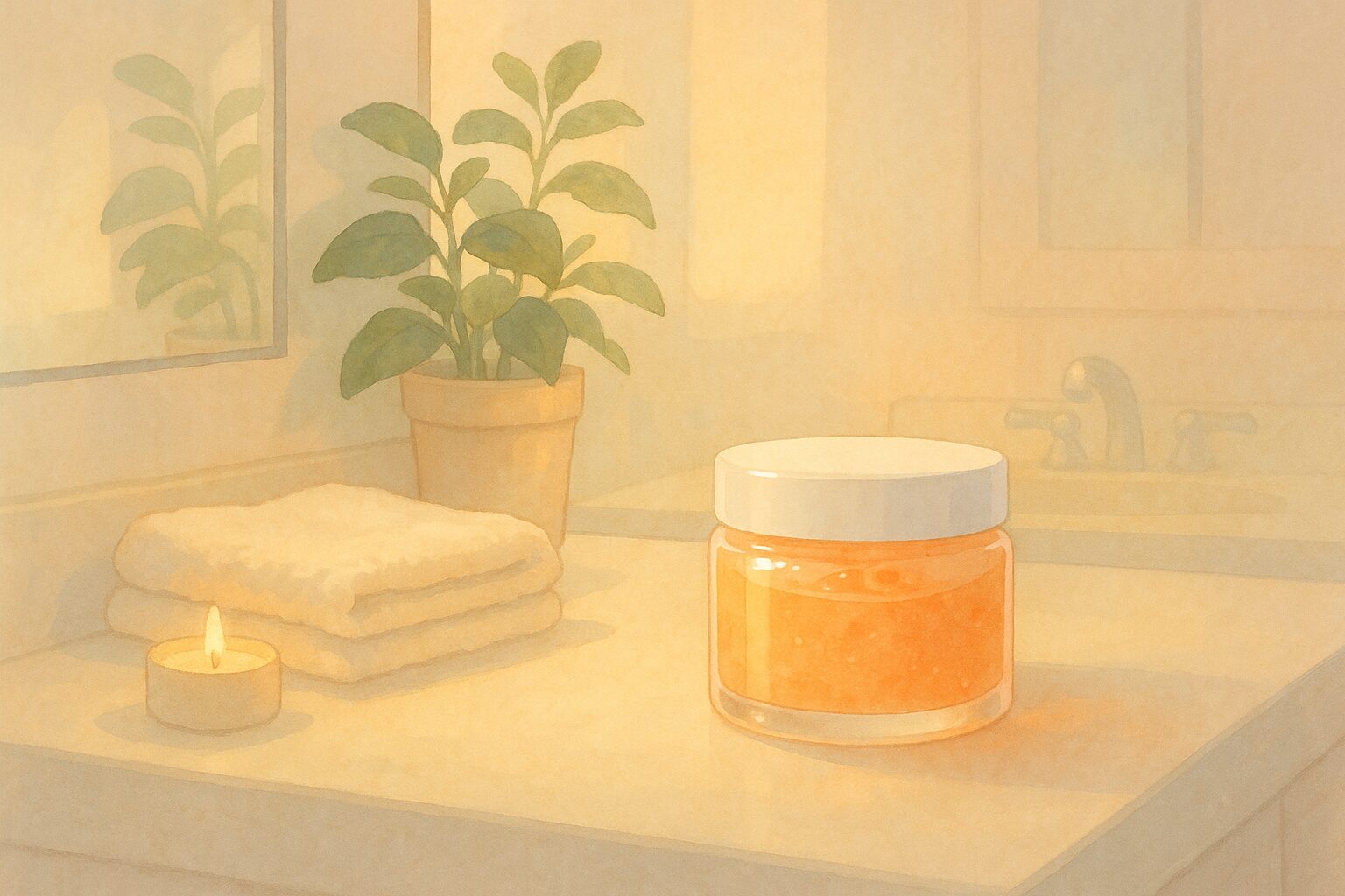 夜の静けさに寄り添う、やさしいスキンケアジェルのある洗面空間のイラスト