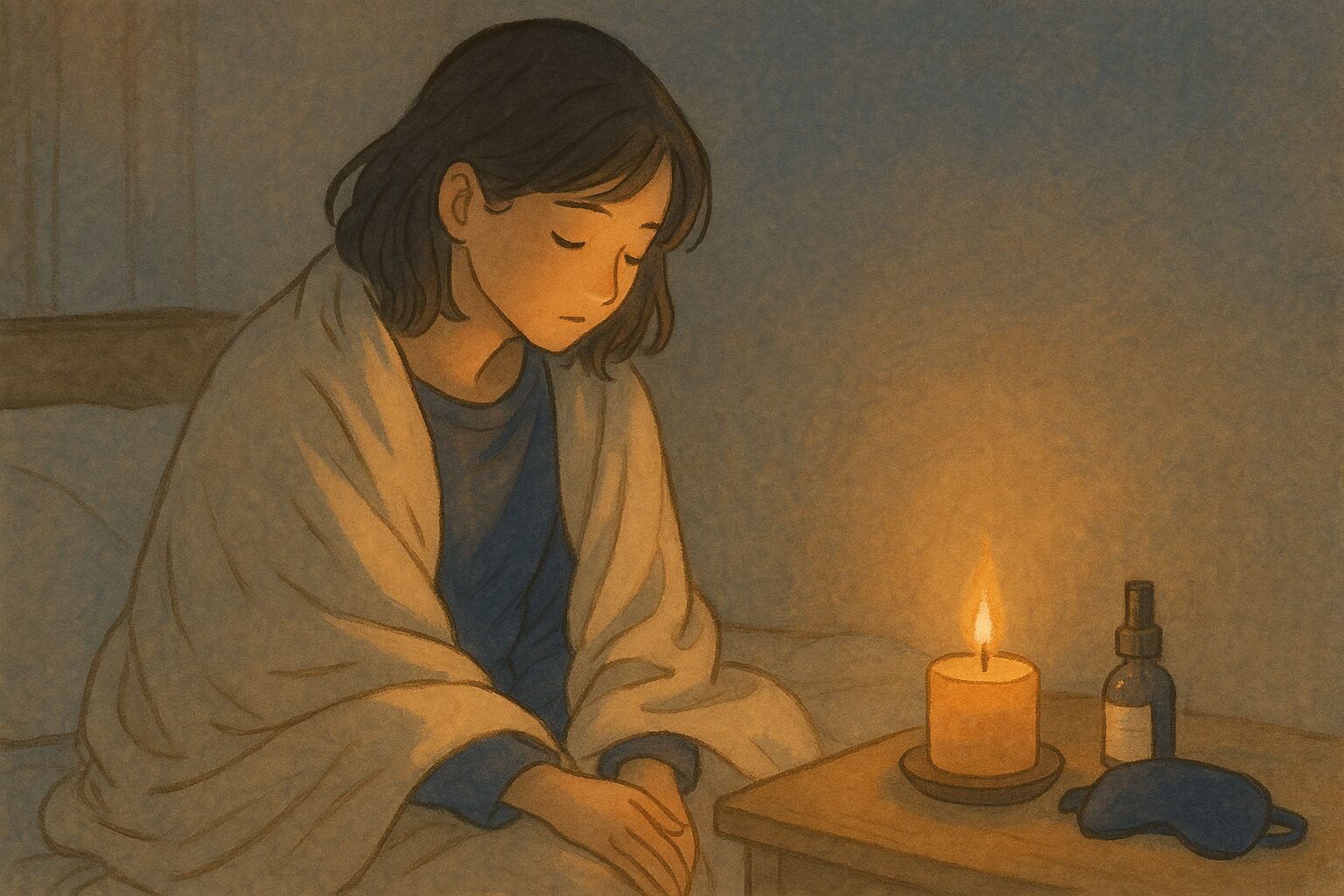 眠れない夜に寄り添う女性とキャンドルのやさしいイラスト