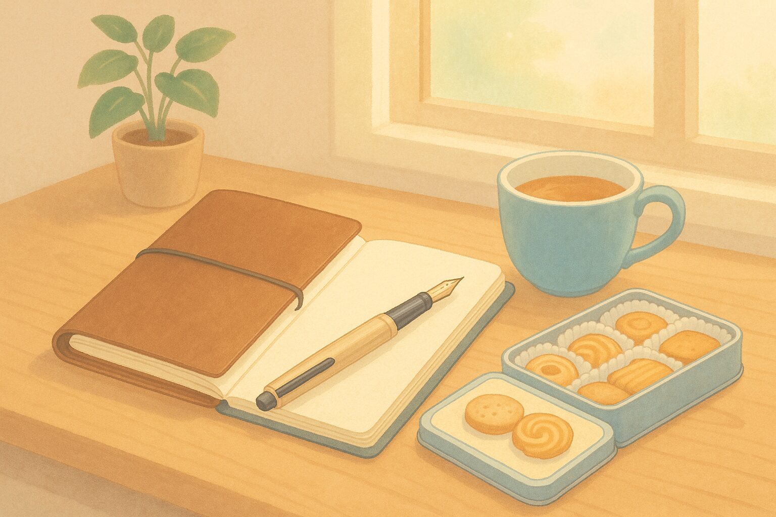 机に向かうのが楽しみになるノート・万年筆・クッキーと紅茶が並ぶやさしいイラスト