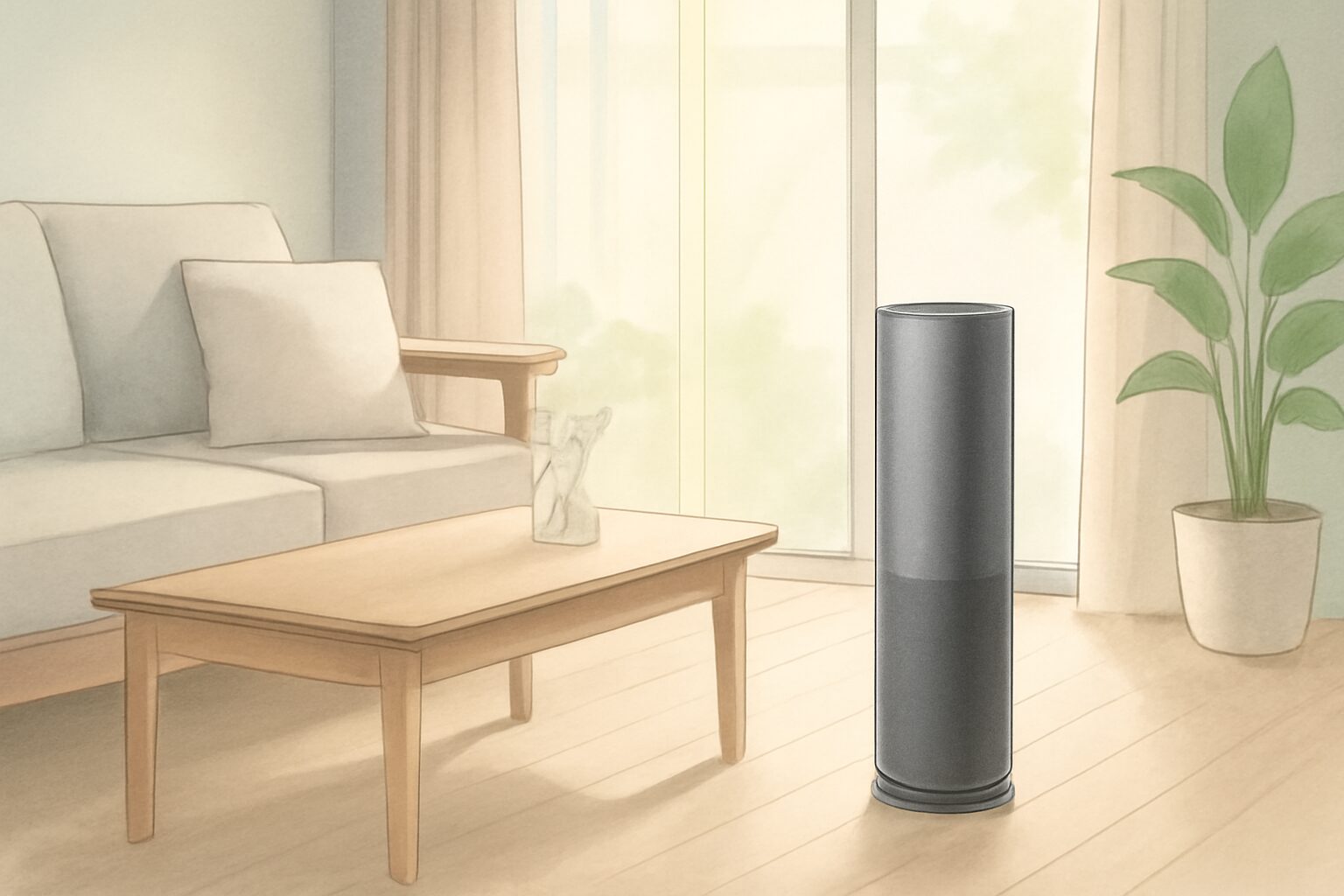 美しい空気を整えるcado空気清浄機とナチュラルなリビングの風景